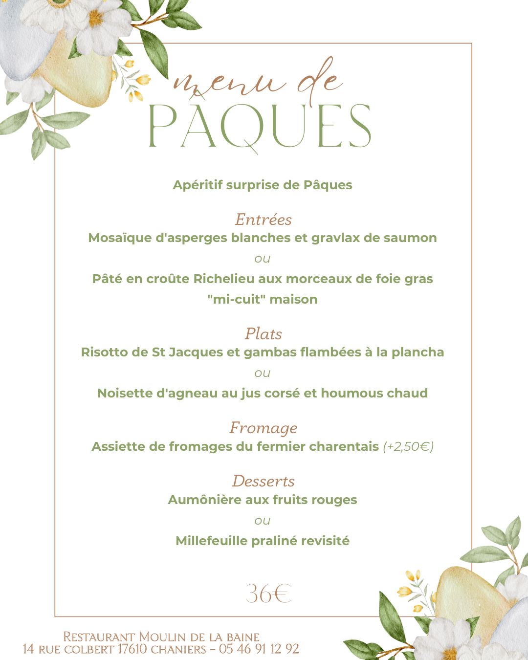 Moulin de la Baine, Menu de Pâques 2024