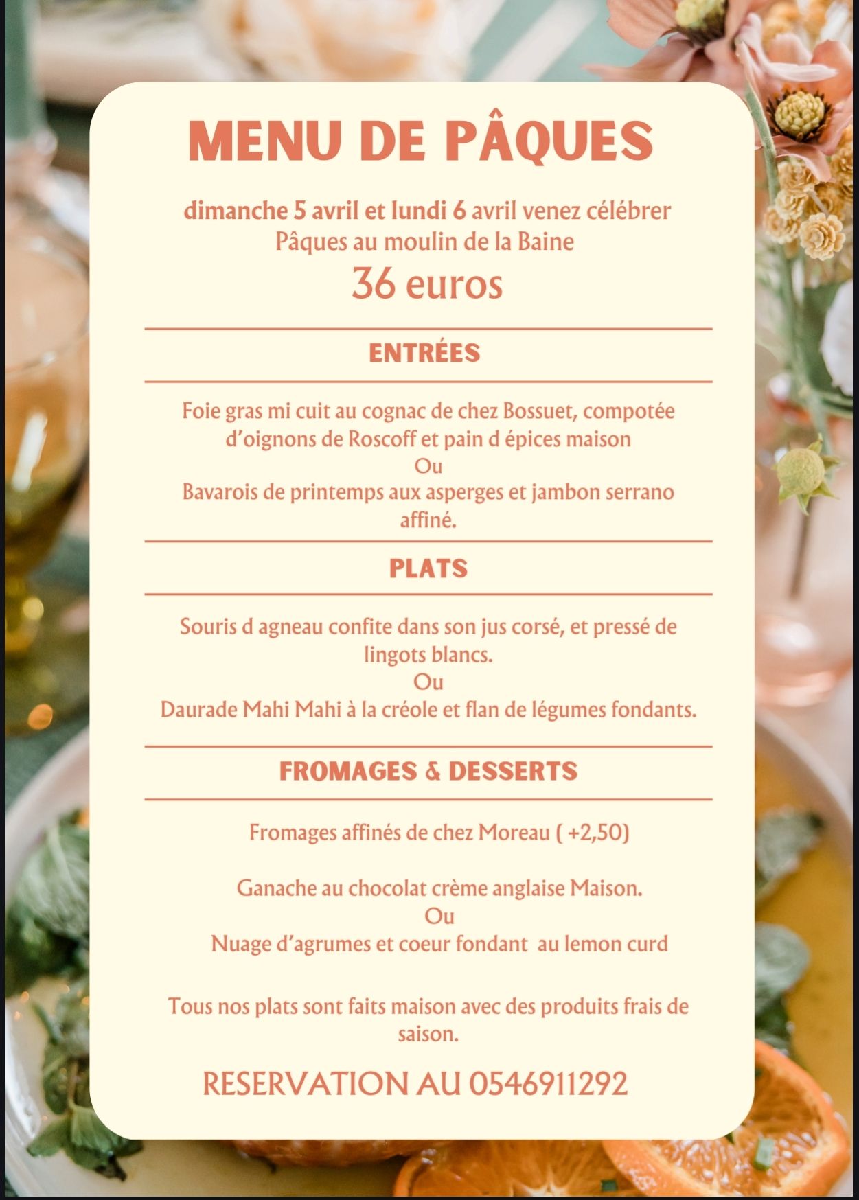 Menu de Pâques du Moulin de la Baine