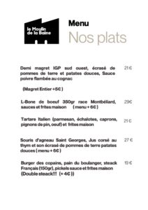Carte du Moulin de la Baine : Plats